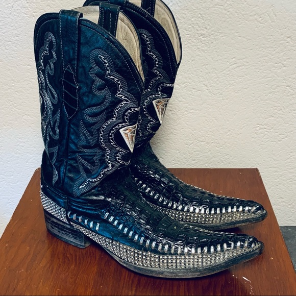 Vtg White Diamond Cowboy Boots 8 Black White Pointy Bling Leather Distressed - Picture 1 of 15